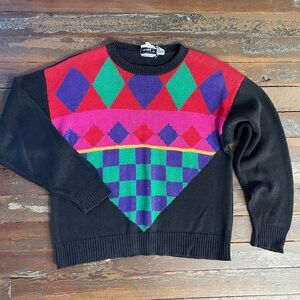 Vintage RUSS Studio Knit Sweater 90s Geometric Colorblock Ramie Cotton Sz L 🧡🎀